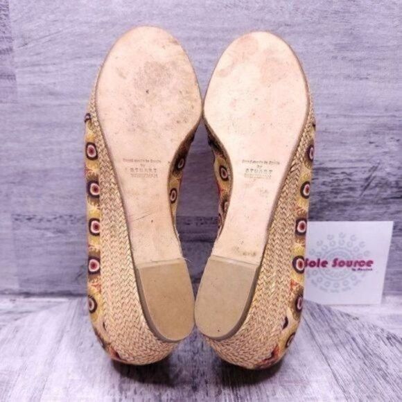 Stuart Weitzman Theodora & Callum Printed Peep Toe Wedge Yellow Red Women's 7.5 - Picture 9 of 9